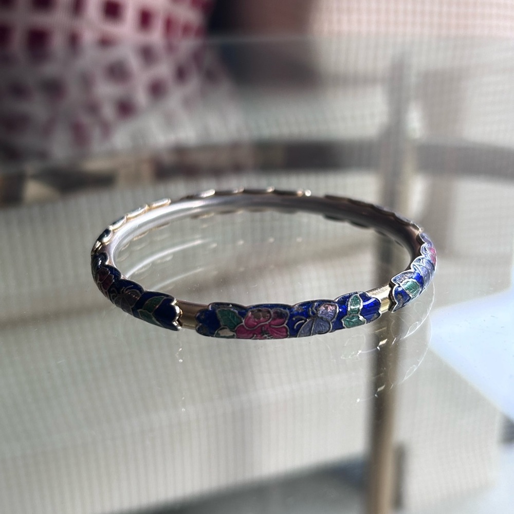 Vintage Cloissone Blue and Gold Floral Bangle Bracelet